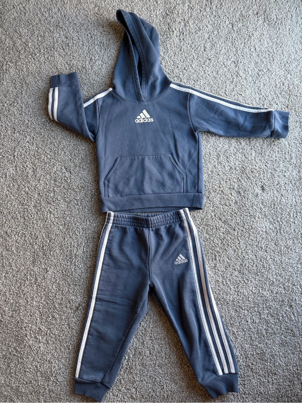 adidas Kids Navy Blue Hoodie & Jogger Set with White Stripes